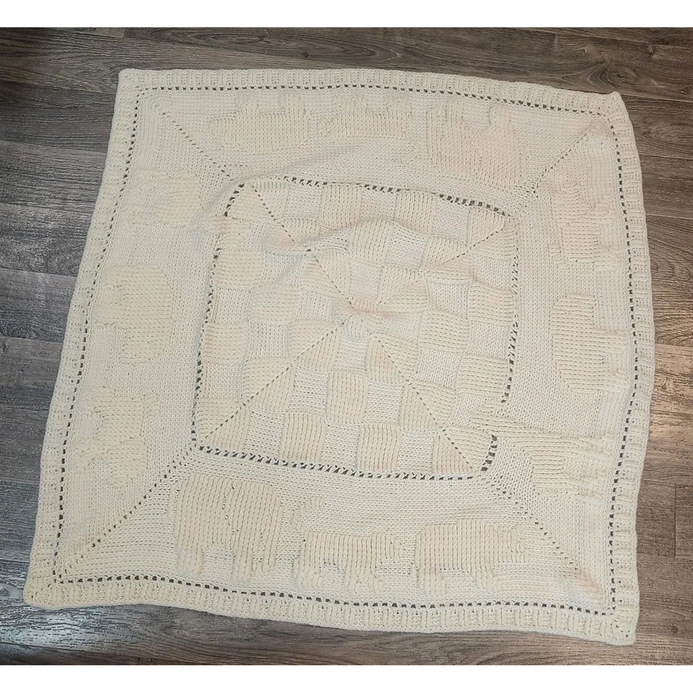 Handmade Knit Baby Blanket Cream Animals Checkerboard Vintage Unisex 35x35